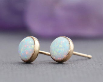 White Opal Stud Earrings, 14K Gold Filled Opal Earrings, 6 mm Round Opal Studs, October Birthstone Earrings | Moonkist Creations