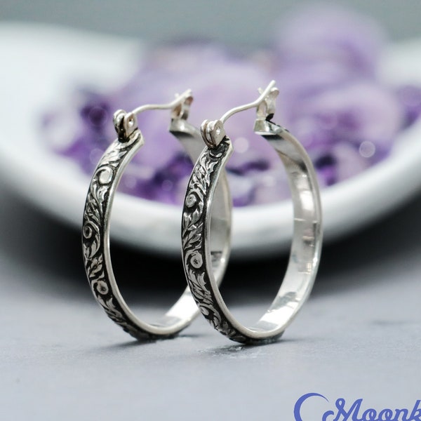 Tendril and Vine Hoop Earrings, Sterling Silver Hoop Earrings, Silver Flower Hoop Earrings | Moonkist Creations