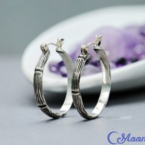 Créoles en bambou et argent, Créoles moyennes en argent sterling, Créoles à clipser faites main, Cadeau pour amoureux de la nature | Créations Moonkist