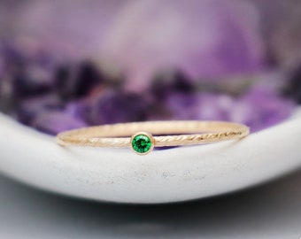 SALE Dainty Gold Emerald Ring, 14K Gold Filled Emerald Solitaire Ring, Bezel Set Emerald Ring, May Birthstone Ring | Moonkist Creations