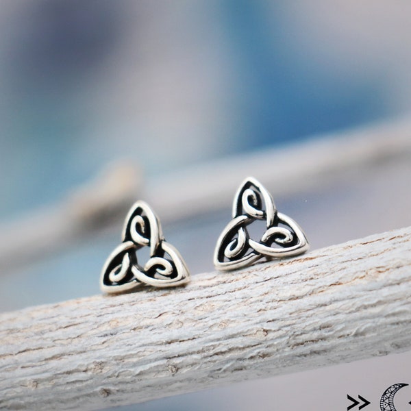 Small Triangular Stud Earrings, 925 Sterling Silver Irish Triquetra Earrings Push Back, Celtic Twisted Knot Studs | Moonkist Creations
