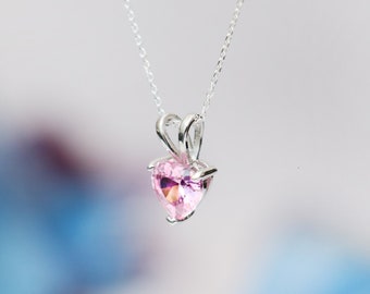 Pink Tourmaline CZ Solitaire Heart Necklace, 925 Sterling