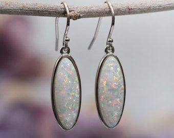 White Fire Opal Earrings, Sterling Silver Opal Dangle Earrings, Long Oval Opal Drop Earrings, October Birthstone Gift  | Moonkist Creations