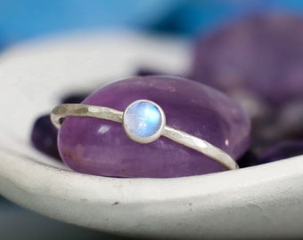 Dainty Rainbow Moonstone Pinky Ring, Sterling Silver Moonstone Stacking Ring, Dainty Moonkist Ring Silver | Moonkist Creations