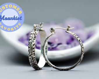 Flower Hoop Earrings, Sterling Silver Hoop Earrings, Hinged Hoops | Moonkist Creations