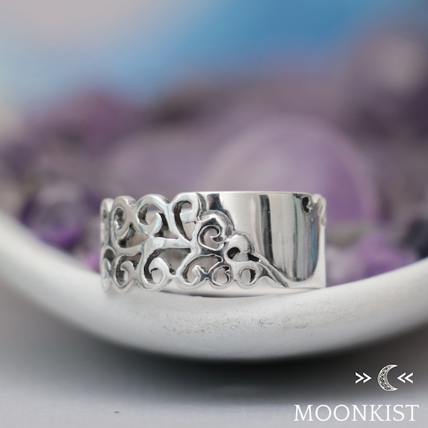 Wide Silver Band, Solid Sterling Silver Wide Ring, Unique Statement Ring, Boho Sculptural Ring, Thumb Band Ring | Moonkist Creations