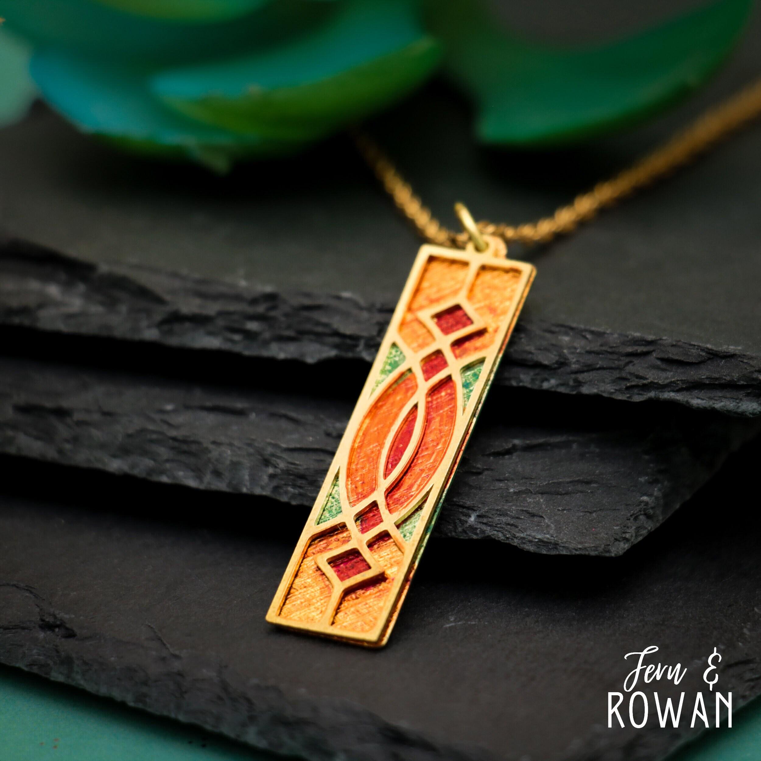 Stained glass window rectangle necklace, brass geometric pendant, unique necklace for women, handmade necklace charm | Moonkist Creations