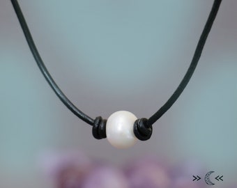 Single Pearl Short Necklace for Men or Women, Pearl Leather Necklace, 1 Pearl Stack Necklace, Pearl Choker Necklace | Moonkist Creations