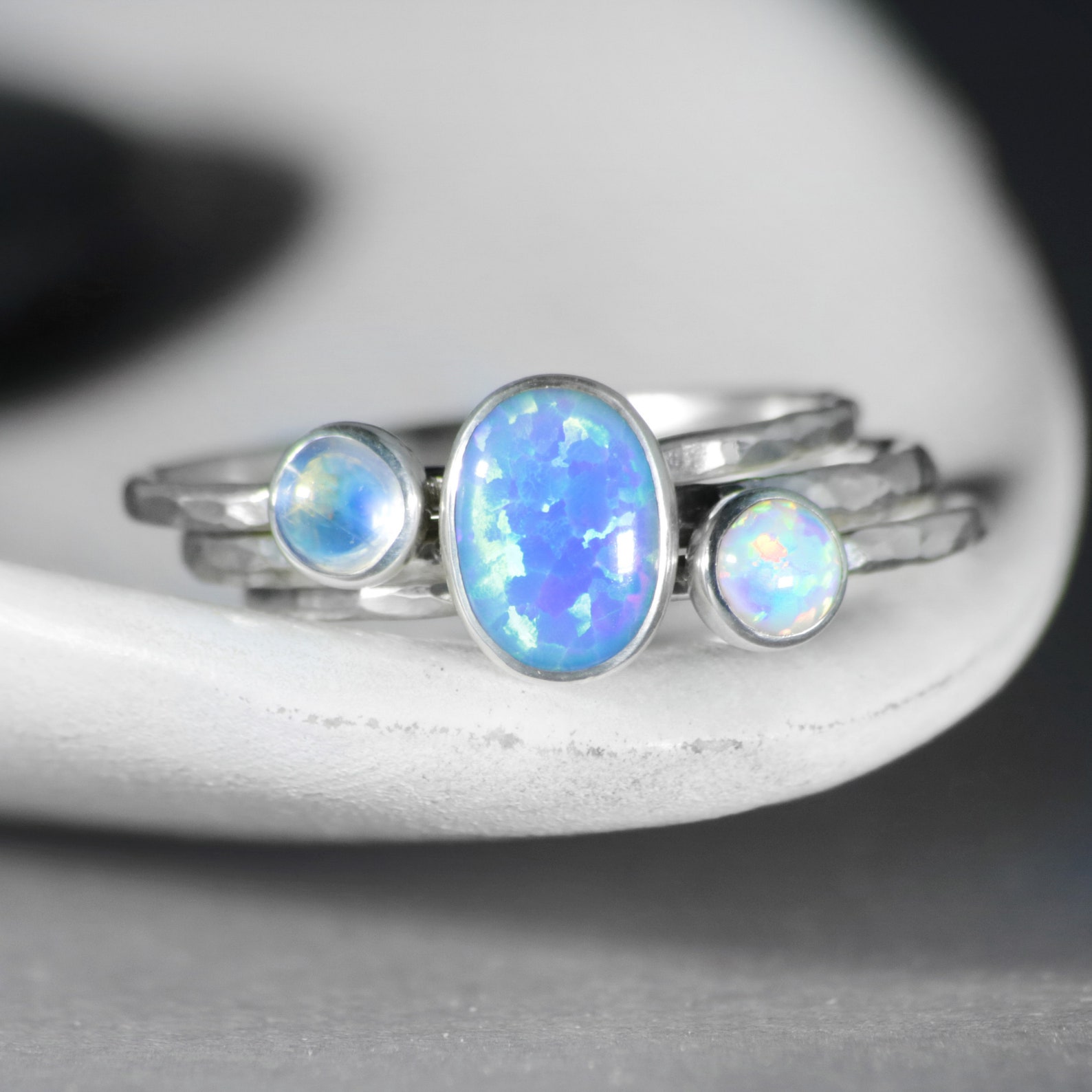 Opal Ring Set of 3 Sterling Silver Gemstone Stacking Rings for | Etsy