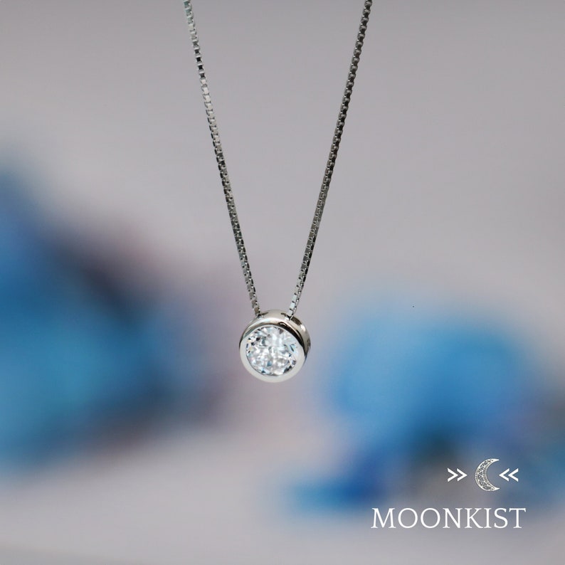 Modern CZ Diamond Solitaire Floating Pendant, Sterling Silver CZ Single Stone Necklace | Moonkist Creations