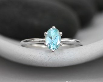 Sterling Silver Oval Aquamarine Promise Ring for Women, Silver Aquamarine Engagement Ring, March Birthstone | Moonkist Creations