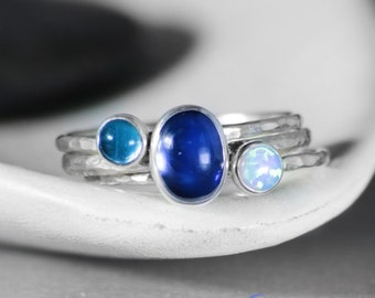 Blue Topaz Opal Sapphire Ring Set of 3, Sterling Silver Gemstone Cabochon Rings, Oval Stacking Ring Set | Moonkist Creations