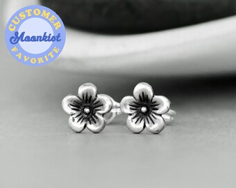 Cherry Blossom Stud Earrings for Women, Tiny Silver Flower Studs, Sterling Silver Post Earrings, Tiny Flower Earrings | Moonkist Creations