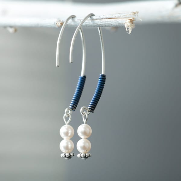 SALE Modern Pearl Dangle Earrings, Sterling Silver & Niobium Earrings, Unique Pearl Open Hoop Earrings | Moonkist Creations