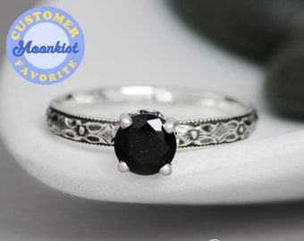 Black Spinel Promise Ring, Sterling Silver Solitaire, Black Solitaire Ring, Faceted Black Ring, Black Silver Ring | Moonkist Creations