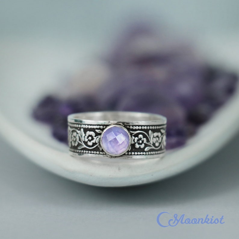 Lavender Daisy Ring, Sterling Silver Daisy Promise Ring, Unique Promise Ring for Her, Engraved Ring | Moonkist Creations