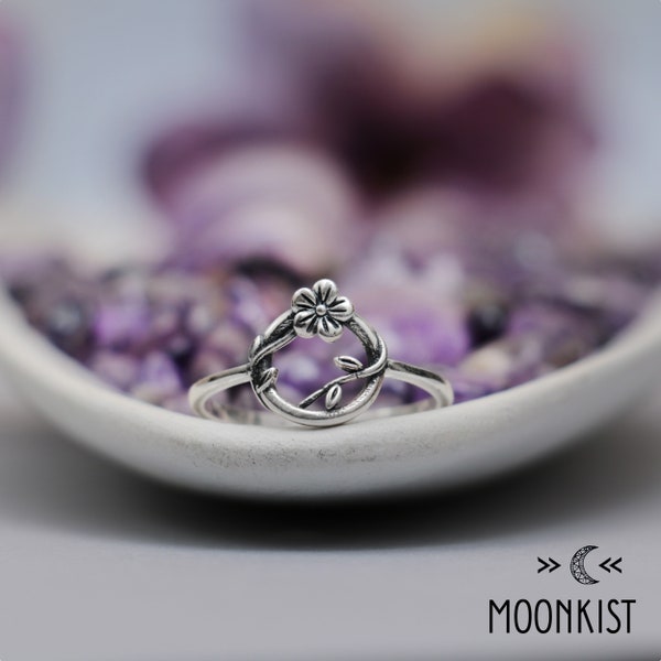 Flower Open Circle Ring, Sterling Silver Floral Ring, Karma Ring with Vine Flower, Botanical Everyday Ring for Women | Moonkist Creations