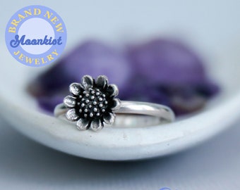 Dainty Sunflower Ring, Sterling Silver Sunflower Stacking Ring, Blossom Ring for Her, Encouragement Gift | Moonkist Creations