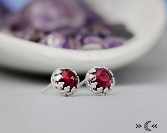 Garnet Stud Earrings, Red Stud Earrings, Filigree Silver Stud Earrings, Stud Earrings for Women, Rose Cut | Moonkist Creations