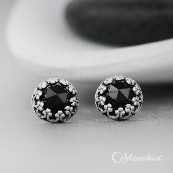 Black Onyx Stud Earrings for Women, Sterling Silver Onyx Studs