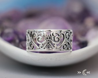 Silver Wide Filigree Band Ring, 925 Sterling Silver Heart Ring, Artisan Crafted Ring, Scroll Lace Wide Band Ring | Moonkist Creations