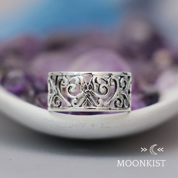 Silver Wide Filigree Band Ring, 925 Sterling Silver Heart Ring, Artisan Crafted Ring, Scroll Lace Wide Band Ring | Moonkist Creations