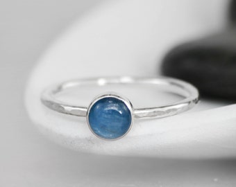 Natural Kyanite Stacking Ring, Sterling Silver Promise Ring, Blue Gemstone Ring, Bezel Set Hammered Ring | Moonkist Creations