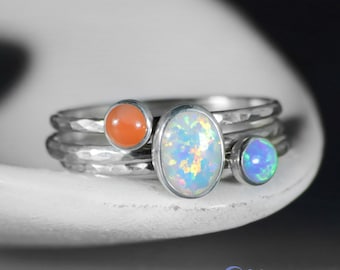 Set of Three Gemstone Ring Set, Opal Stack Rings, Peach Moonstone Stacking Rings | Moonkist Creations