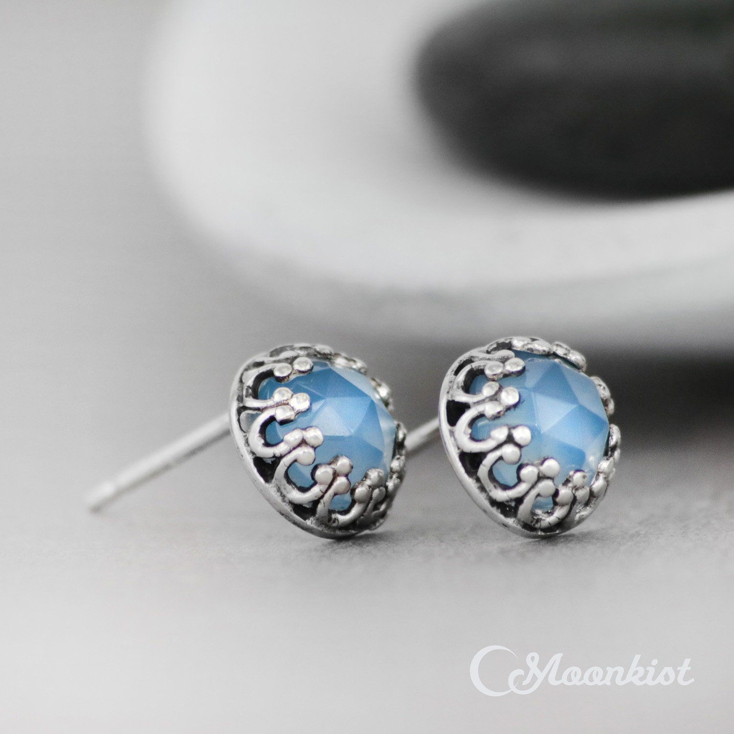 Blue Chalcedony Stud Earrings for Women Sterling Silver Post Etsy