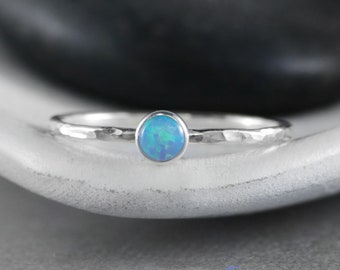 Silver Blue Opal Ring, Blue Opal Stacking Ring, Opal Pinky Ring, Opal Ring Silver, Dainty October Birthstone Ring | Moonkist Creations