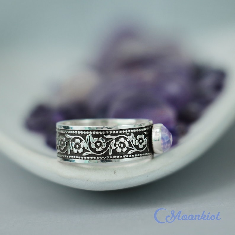 Lavender Daisy Ring, Sterling Silver Daisy Promise Ring, Unique Promise Ring for Her, Engraved Ring | Moonkist Creations