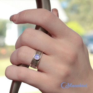 Hand Picture - Lavender Daisy Ring, Sterling Silver Daisy Promise Ring, Unique Promise Ring for Her, Engraved Ring | Moonkist Creations