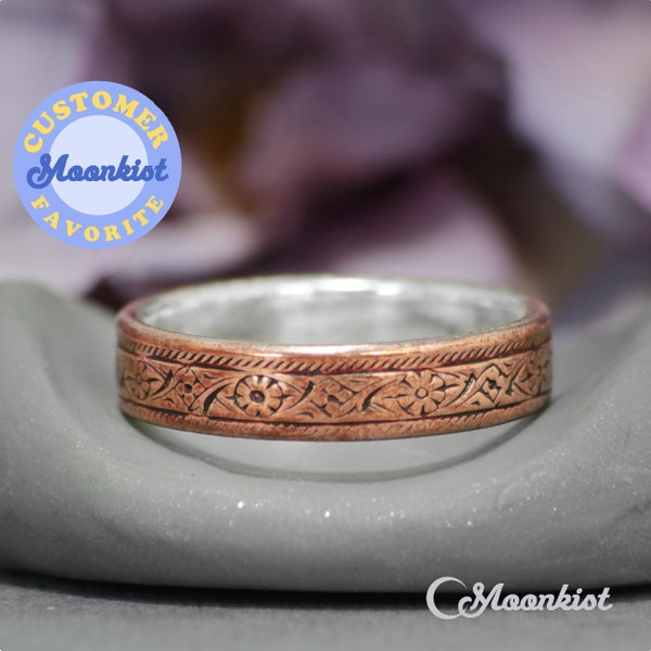 Copper Band Ring, Rustic Copper Wedding Band, Copper Wedding Ring, Copper Floral Pattern Band for Men | Moonkist Creations