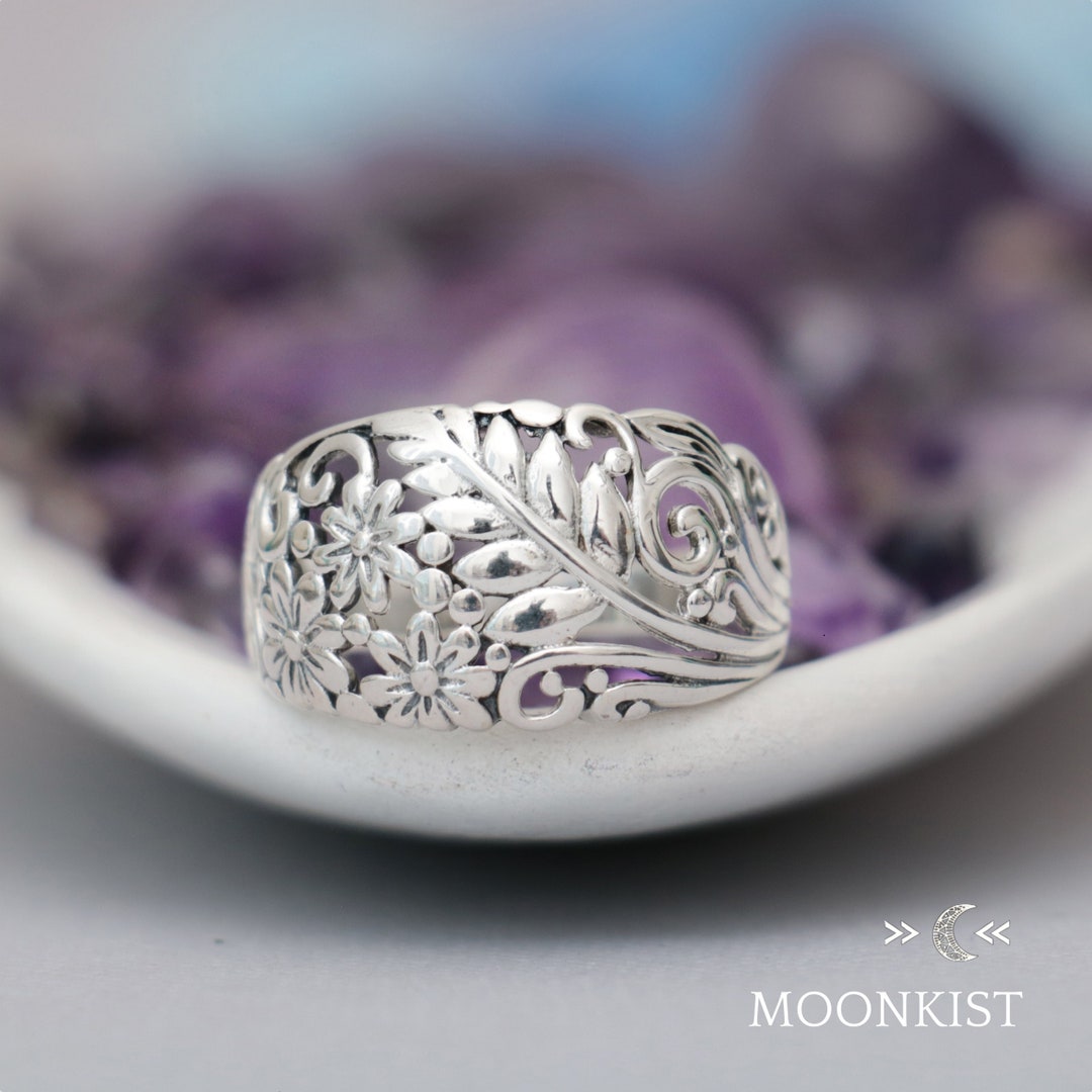 Large Botanical Ring, Solid Sterling Silver Floral Ring, Silver ...