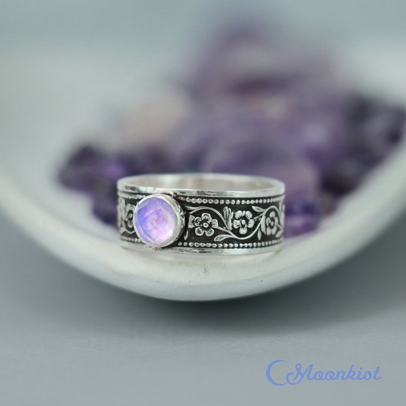 Lavender Daisy Ring, Sterling Silver Daisy Promise Ring, Unique Promise Ring for Her, Engraved Ring | Moonkist Creations