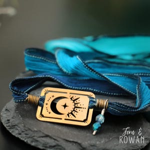 Mond Tarot Karte Seide Wickelarmband, Gold Mond Sonne Stern Armband, blaues Armband für Frauen, Festival Schmuck | Mondkistische Kreationen