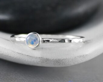 Dainty Rainbow Moonstone Pinky Ring, Sterling Silver Moonstone Stacking Ring, Dainty Moonkist Ring Silver | Moonkist Creations