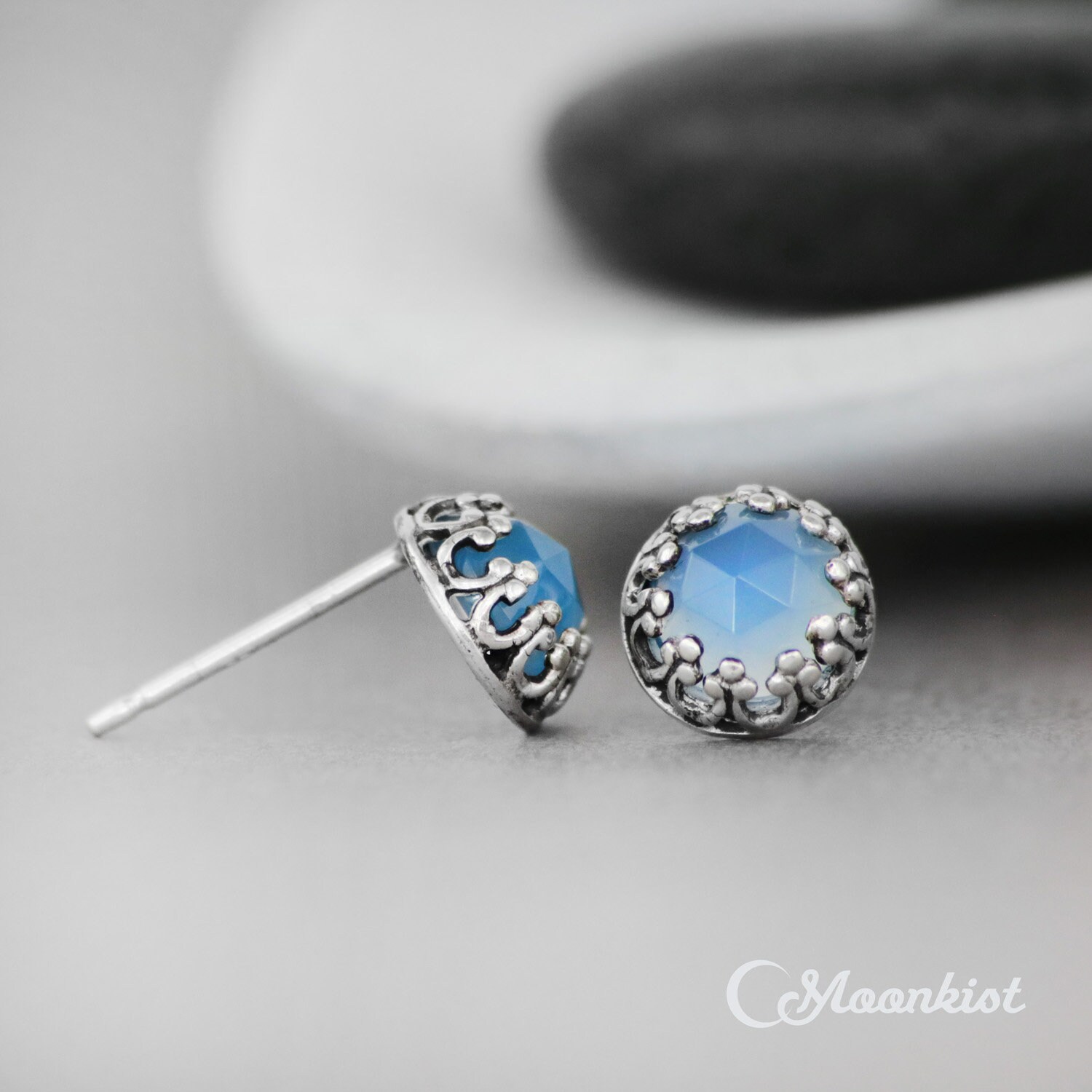 Blue Chalcedony Stud Earrings for Women Sterling Silver Post Etsy
