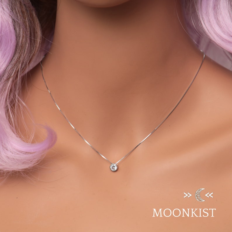 Model Photo - Modern CZ Diamond Solitaire Floating Pendant, Sterling Silver CZ Single Stone Necklace | Moonkist Creations