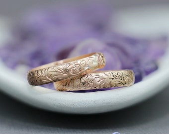 Gold Floral Band, 14K Gold Filled Flower Pattern Ring, Vintage Flower Texture Ring, Gold Rings for Men and Women | Moonkist Creations