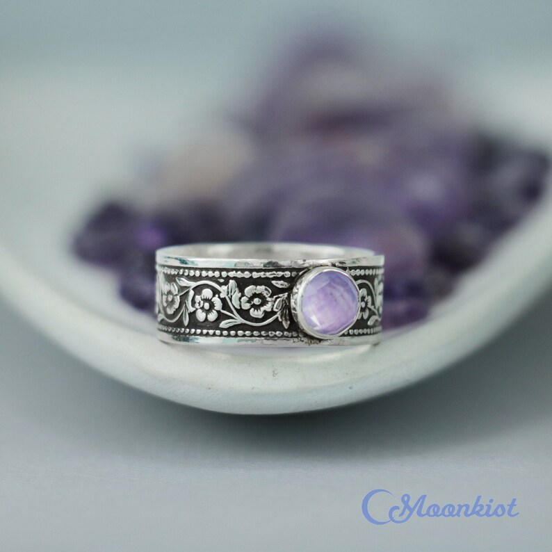 Lavender Daisy Ring, Sterling Silver Daisy Promise Ring, Unique Promise Ring for Her, Engraved Ring | Moonkist Creations