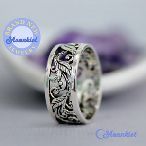 Nature Filigree Womens Band Ring, Sterling Silver Antique Floral Wedding Ring, Wide Silver Band, Open Filigree Band | Moonkist Creations