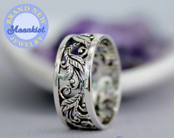 Nature Filigree Womens Band Ring, Sterling Silver Antique Floral Wedding Ring, Wide Silver Band, Open Filigree Band | Moonkist Creations