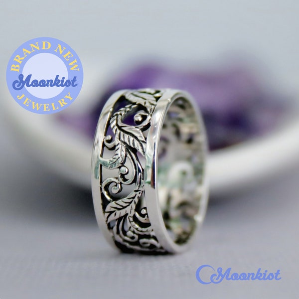 Natur filigrane Frauen Bandring, Sterling Silber antiker Blumen Ehering, breite Silberband, offene filigrane Band | Mondkistische Kreationen