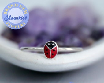 Tiny Ladybug Enamel Ring, Sterling Silver Ladybug Ring, Nature Ring for Women, Good Luck Ring | Moonkist Creations
