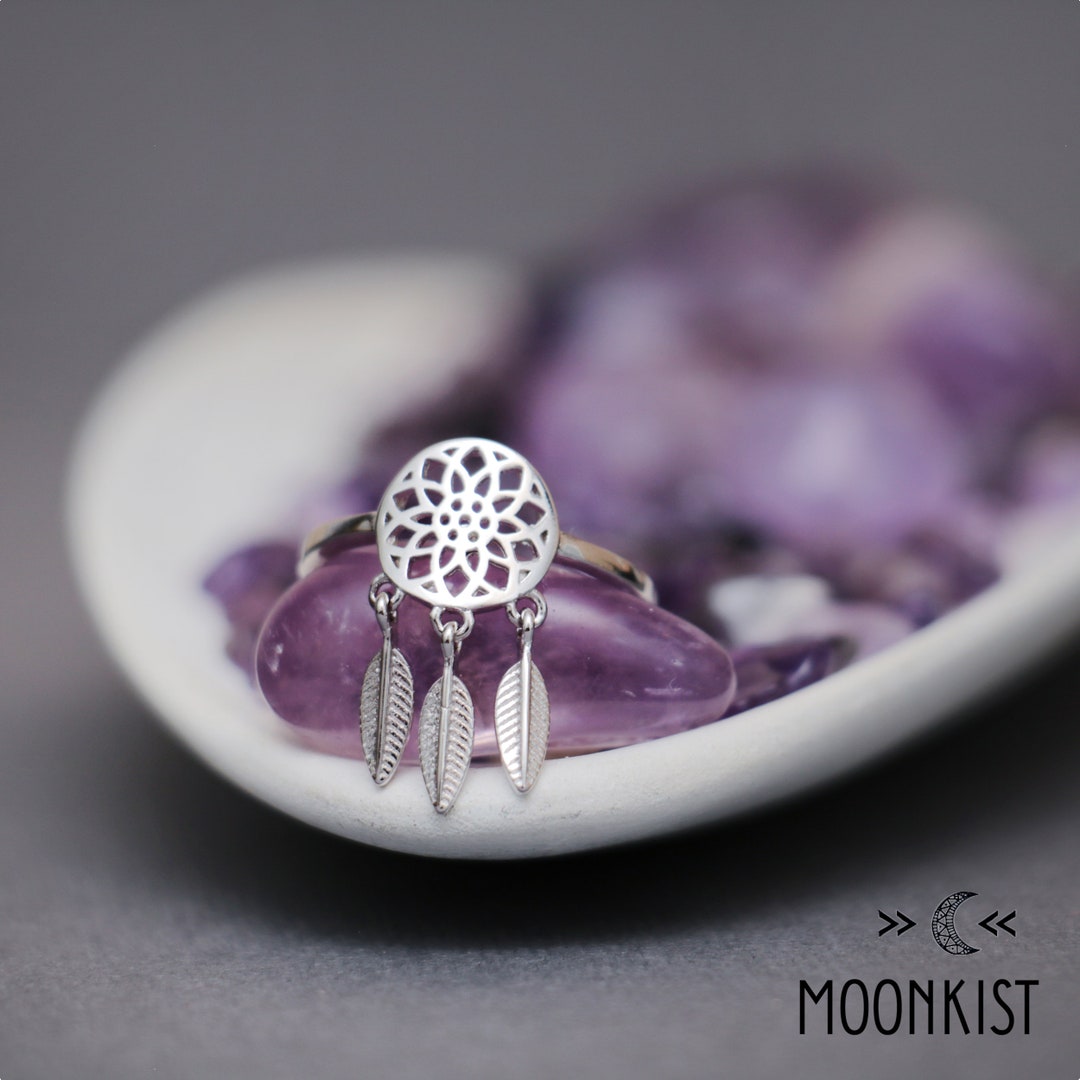 Sterling Silver Dream Catcher Ring, Boho Dreamcatcher Feathers Jewelry