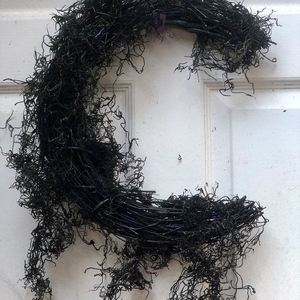 Black Crescent Moon Wreath Frame with Spanish Moss: 14-inch DIY Base