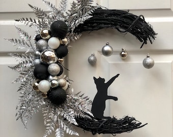 Black and Silver or Gold Christmas Cat Wreath