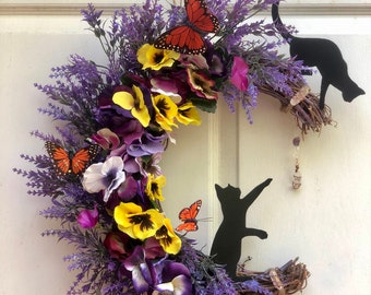 Crescent Moon Cat Wreath with Crystals, Lavender and Pansies