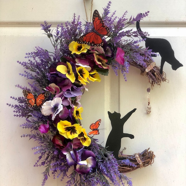 Crescent Moon Cat Wreath with Crystals, Lavender and Pansies